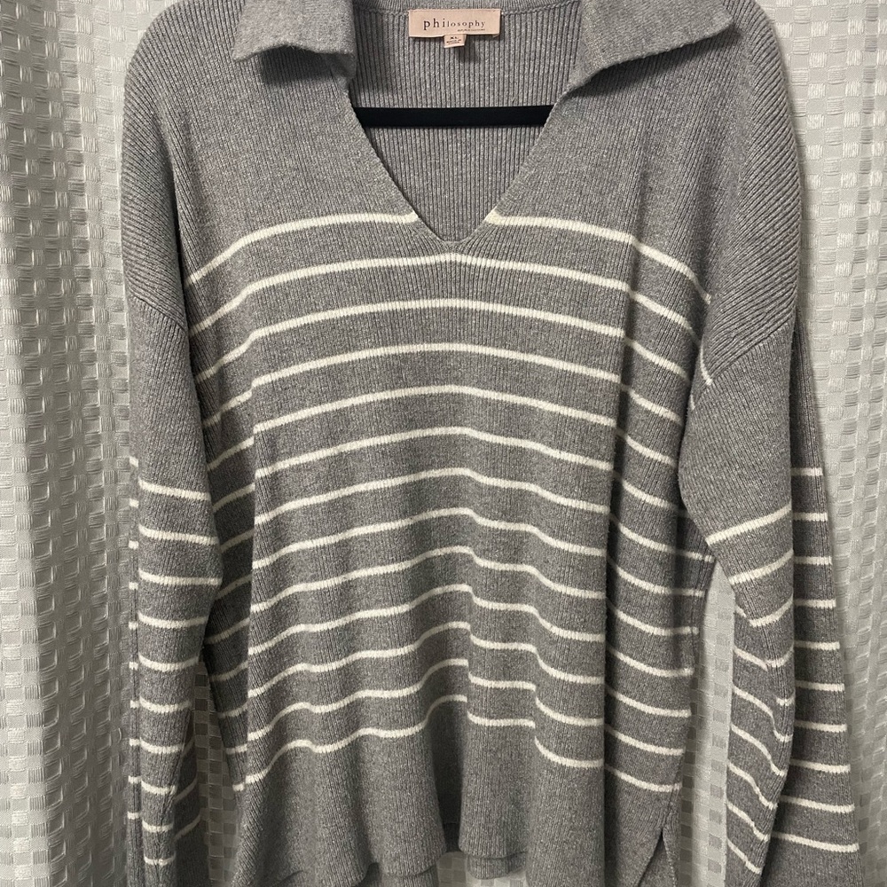 Philosophy V-Neck Sweater in Gray and Cream Stripes